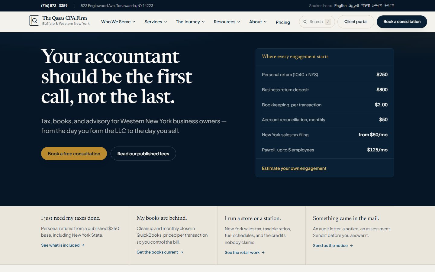 The Qasas CPA Firm homepage: a dark hero reading "Your accountant should be the first call, not the last." next to a published price list showing rates for personal returns, bookkeeping, sales tax filing and payroll.