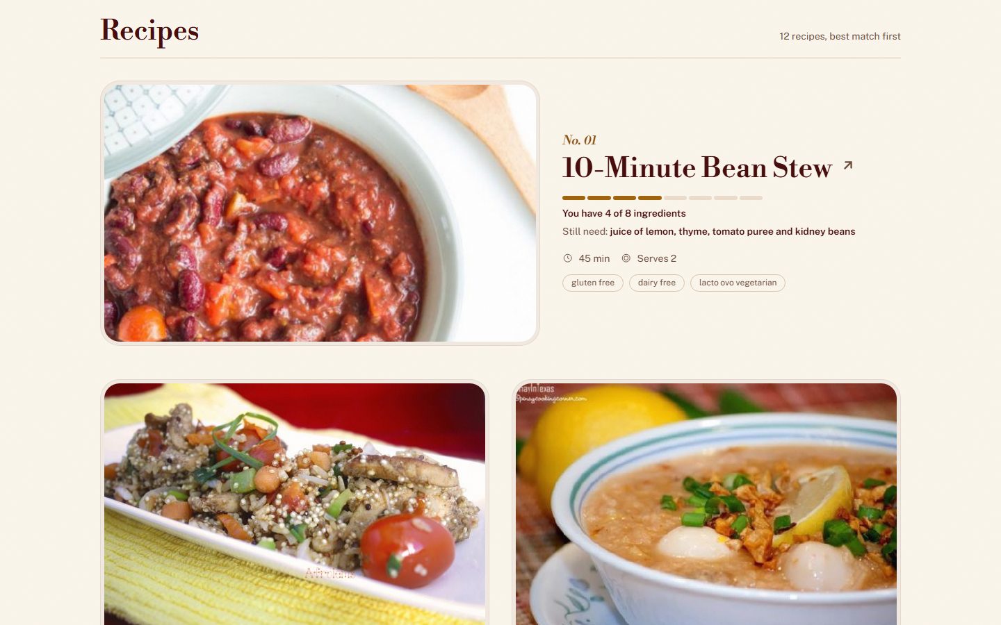 Pantry, the AI Recipe Recommender, ranking 12 recipes for chicken, rice, garlic and tomatoes. The top match, 10-Minute Bean Stew, shows a meter for 4 of its 8 ingredients, the four still needed, a 45 minute ready time and its diet tags.